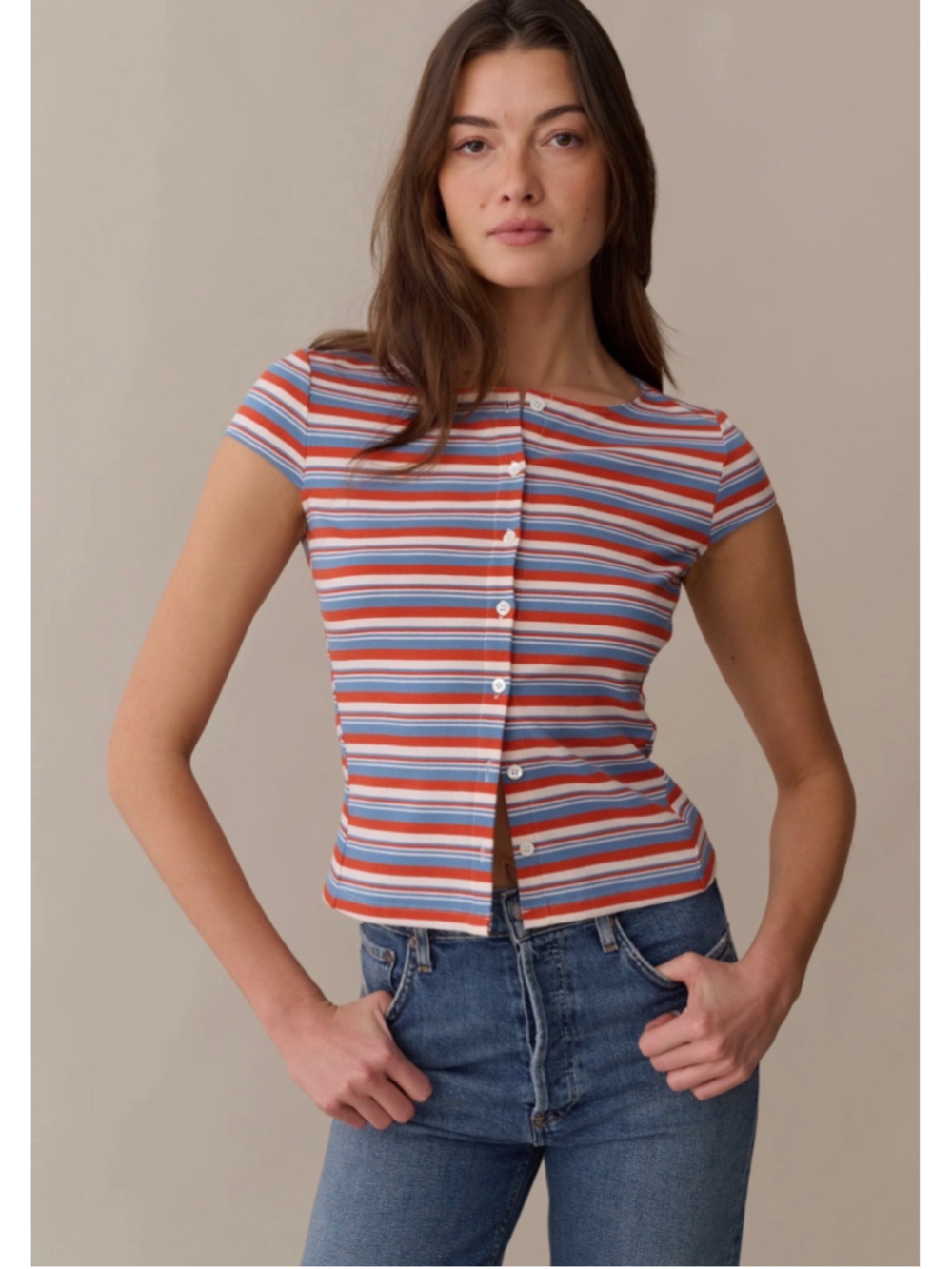 Women's CAARA Striped Short Sleeve Button-Down Tee, Size L, Red and Blue